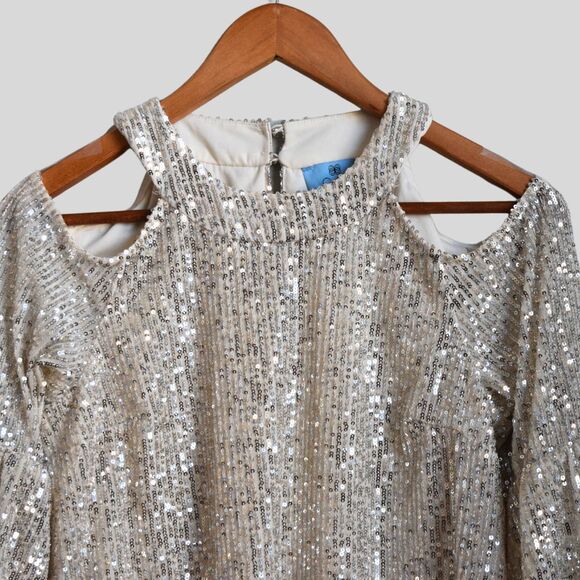 CECE Women's Sequin Open Shoulder Balloon Sleeve Blouse Silver Size XS - Picture 2 of 7